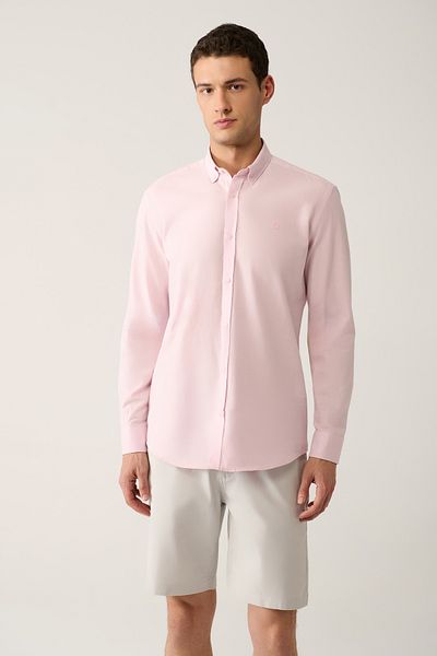Avva Men's Light Pink Buttoned Collar 100% Cotton Linen Textured Shirt E 002141