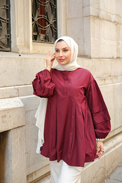 LOCCO Burgundy Women's Tunic - Balloon Sleeve and Pleat Detail