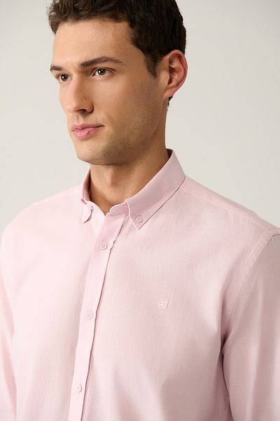 Avva Men's Light Pink Buttoned Collar 100% Cotton Linen Textured Shirt E 002141
