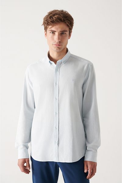 Avva Men's Light Blue Buttoned Collar 100% Cotton Linen Textured Shirt E 002141