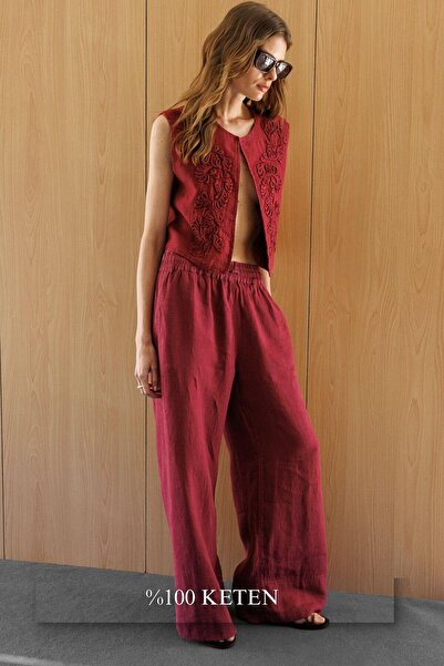 pieces of melon Vişne Bel Lastikli Salaş Kesim %100 Keten Wide Leg Pantolon