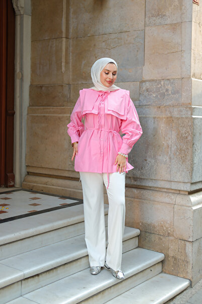 LOCCO Ροζ Γυναικείο Πουκάμισο - Διπλό Γιακά Λεπτομέρεια