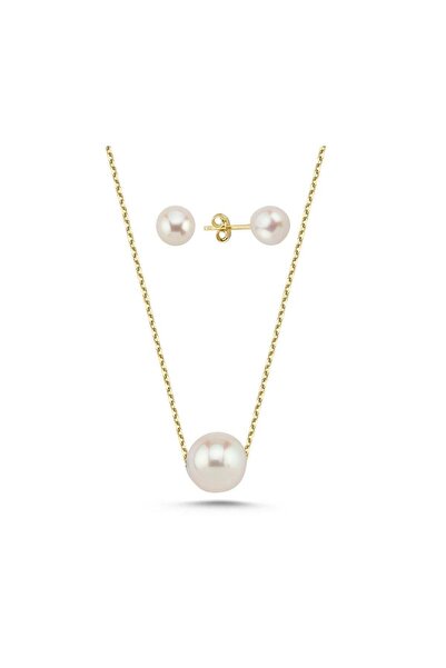 Birinci 14 Ayar Altın Kadın Tekli Doğal İnci Küpe Kolye İkili Set