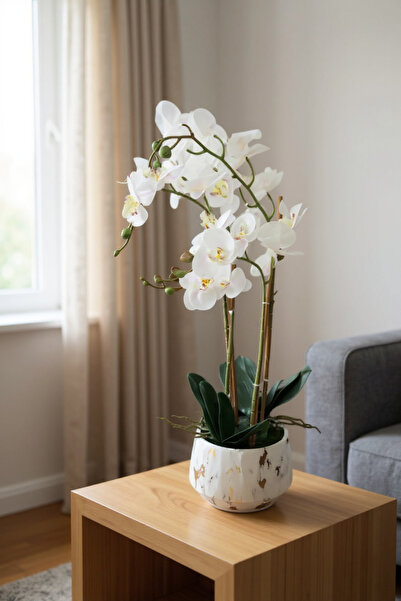 Living زهور أوركيد صناعية بيضاء متعددة السيقان، وعاء أبيض، ارتفاع 69 سم