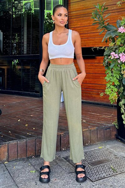 NEW LAVİVA Khaki Linen Trousers - High Waist, Pockets and Relaxed Fit