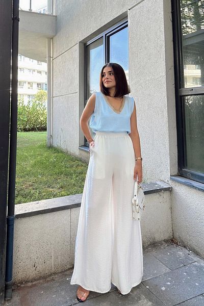 NEW LAVİVA White Elastic Waist, Pocket, Spanish / Wide Leg Special Fabric, Comfortable Fit Trousers - Suitable for Hijab