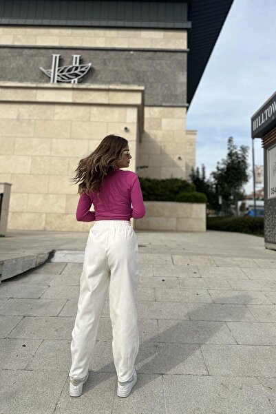 NEW LAVİVA Women's White High Waist, Pockets, Elastic Waist, Loose Gabardine Trousers