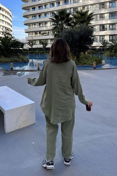 NEW LAVİVA Kadın Haki Salaş Uzun Gömlek & Beli Lastikli Pantolon - Alt & Üst Müslin Kumaş Takım