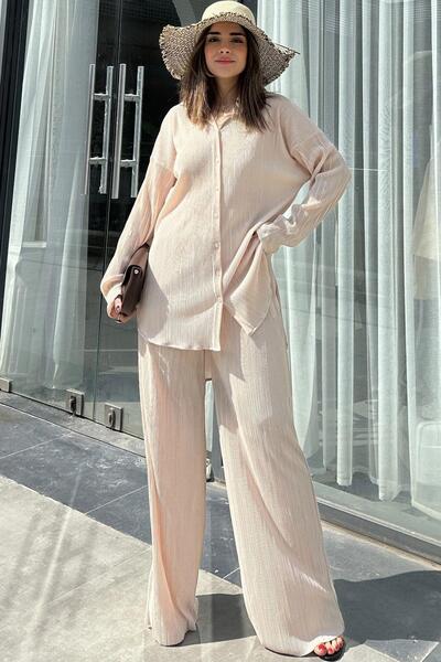 NEW LAVİVA Beige Loose Wrap Set - Long Tunic, Shirt and Wide Leg Trousers
