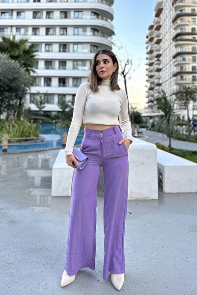 NEW LAVİVA Kadın Lila Yüksek Bel, Cepli, Bol Paça Pantolon