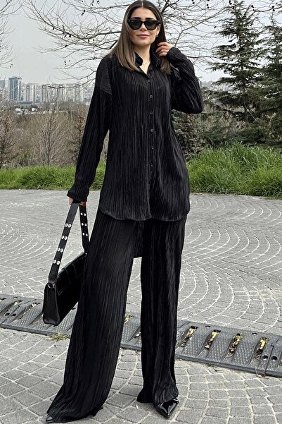 NEW LAVİVA Cămașă lungă neagră pentru femei și pantaloni largi cu talie elast...