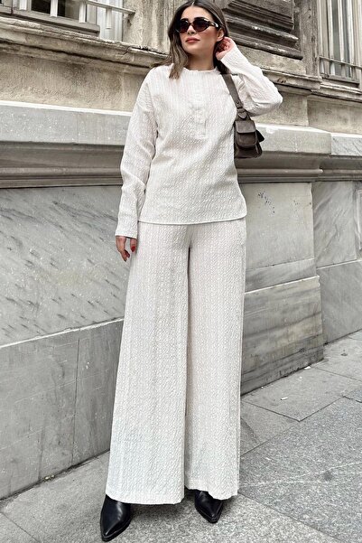 NEW LAVİVA Beige Loose Maya Suit - Buttoned Round Neck Blouse and Elastic Waist Wide Leg Trousers
