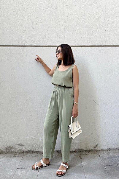 NEW LAVİVA Khaki Imported Muslin Fabric, Elastic Waist, Pocket Comfortable Fit Trousers - Suitable for Hijab