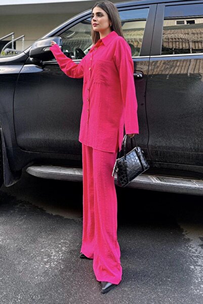 NEW LAVİVA Fuchsia Seersucker Women's Shirt and Trousers Set - Double Pocket, Wide Leg