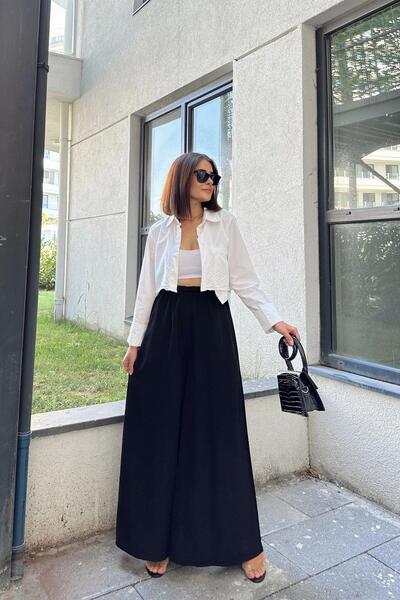 NEW LAVİVA Siyah Beli Lastikli, Cepli, İspanyol / Bol Paça Özel Kumaş, Rahat Kalıp Pantolon - Tesettüre Uygun