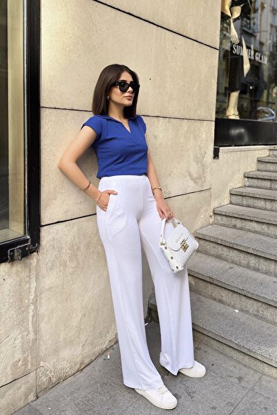 NEW LAVİVA White Spanish Loose Leg, Elastic Waist, Soft Texture Fabric, Loose & Comfortable Fit/Cut, Pants