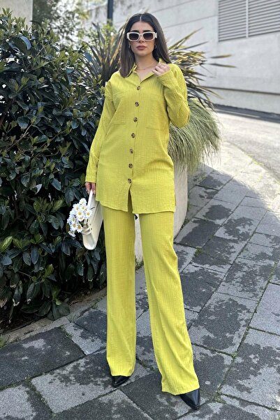 NEW LAVİVA Green Seersucker Women's Shirt and Trousers Set - Double Pocket, Wide Leg