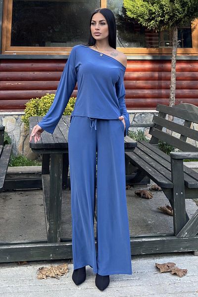 NEW LAVİVA Pantaloni largi cu dantelă Indigo și bluză largi cu guler larg - Set de țesături nisipoase