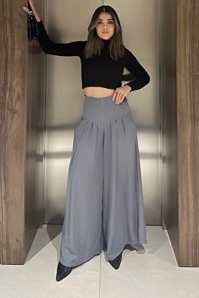 NEW LAVİVA Women's Gray Zipper Closure, Pockets, Pleated Wide Leg Skirt Pants
