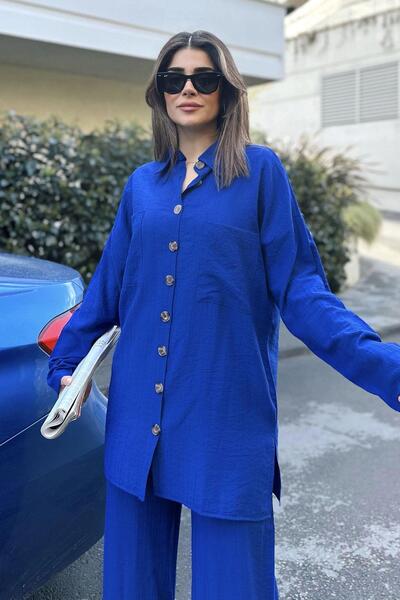 NEW LAVİVA Blue Seersucker Women's Shirt and Trousers Set - Double Pocket, Wide Leg