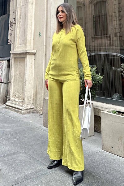 NEW LAVİVA Oil Green Loose Mayan Set - Buttoned Round Neck Blouse and Elastic Waist Wide Leg Trousers