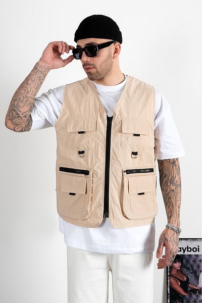 UKHWD SUPPLY Beige Multi-Pocket Utility Cargo Men's Vest