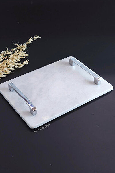 ioadesign Daffodil Real Thin Marble Groom Coffee Tray 28x20 Cm - Silver Handle
