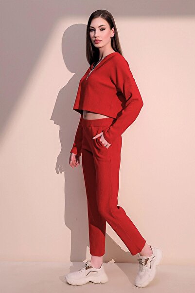 NEW LAVİVA Women's Red Modern Style Soft Textured Elastic Waist Pocket Trousers