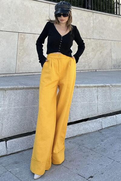 NEW LAVİVA Kadın Hardal Duble Paça, Beli Pliseli, Fitilli Kaşe Kumaş, İspanyol Pantolon