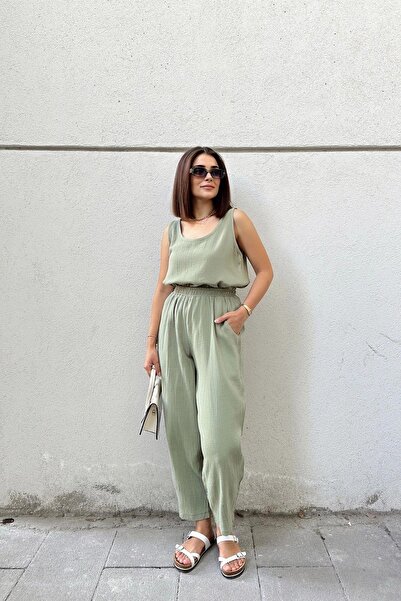 NEW LAVİVA Khaki Imported Muslin Fabric, Elastic Waist, Pocket Comfortable Fit Trousers - Suitable for Hijab