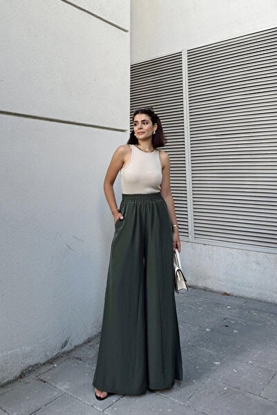 NEW LAVİVA Haki Beli Lastikli, Cepli, İspanyol / Bol Paça Özel Kumaş, Rahat Kalıp Pantolon - Tesettüre Uygun