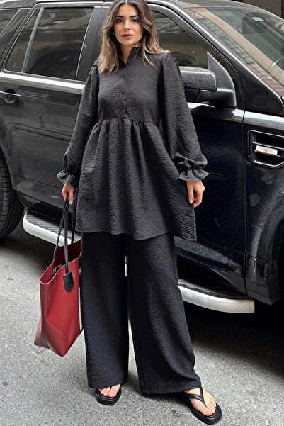 NEW LAVİVA Siyah Hakim Yaka, Balon Kol, Tunik & Bol Paça Pantolon - Fırfırlı ...