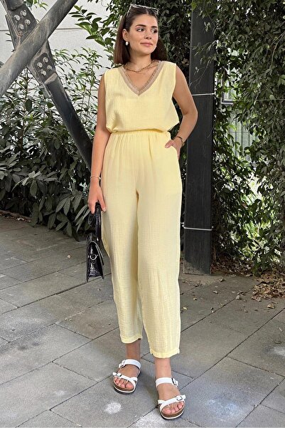 NEW LAVİVA Yellow Imported Muslin Fabric, Elastic Waist, Pocket Comfortable Fit Trousers - Suitable for Hijab