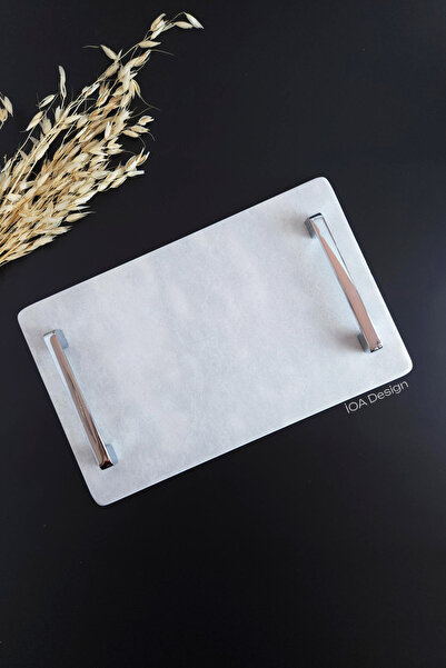 ioadesign صينية تقديم رخامية رفيعة حقيقية موديل نرجس (32 × 20 سم) - مقبض فضي