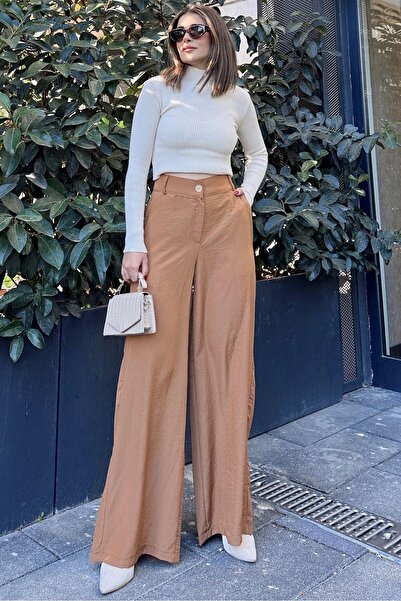 NEW LAVİVA Pantaloni de damă Camel cu talie înaltă, buzunar, cu picioare largi