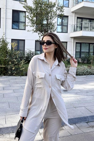 NEW LAVİVA Women's Beige Double Pocket Long Shirt & Elastic Waist Pants - Comfortable Bottom & Top Set