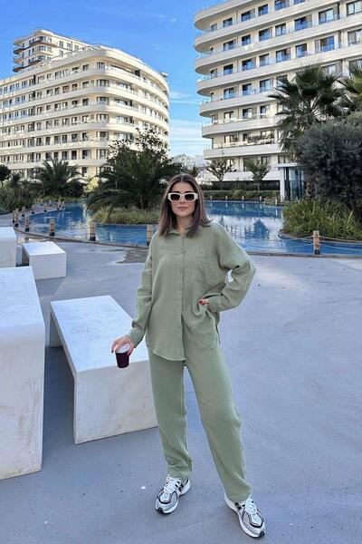 NEW LAVİVA Kadın Haki Salaş Uzun Gömlek & Beli Lastikli Pantolon - Alt & Üst Müslin Kumaş Takım