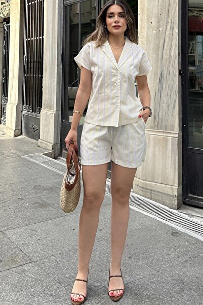 NEW LAVİVA Apache Collar Yellow Shirt and Elastic Waist Pair - Pocketed Striped Scallop Set