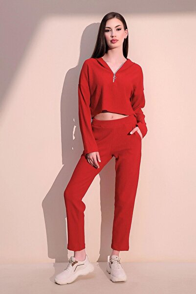 NEW LAVİVA Women's Red Modern Style Soft Textured Elastic Waist Pocket Trousers