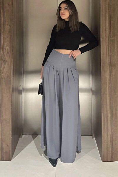 NEW LAVİVA Women's Gray Zipper Closure, Pockets, Pleated Wide Leg Skirt Pants