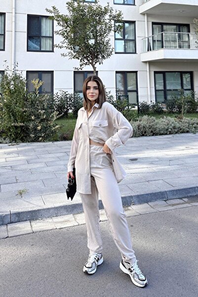 NEW LAVİVA Women's Beige Double Pocket Long Shirt & Elastic Waist Pants - Comfortable Bottom & Top Set