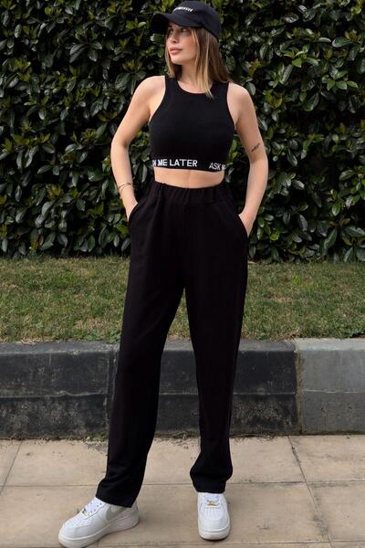 NEW LAVİVA Kadın Siyah Beli Lastikli, Cepli, Paçası Pliseli, Salaş Pantolon