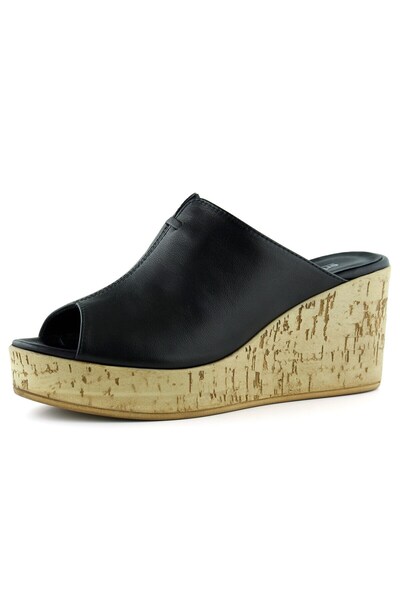 Erkan Saçmacı Mallery Black Genuine Cowhide Leather Open Front Cork Sole Look Wedge Heeled Slippers