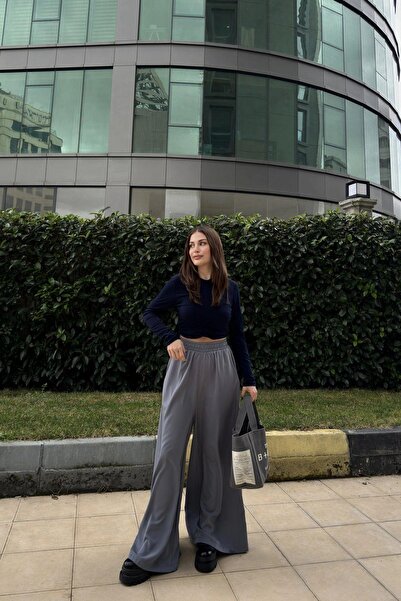 NEW LAVİVA Gri Beli Lastikli, Cepli, İspanyol / Bol Paça Özel Kumaş, Rahat Kalıp Pantolon - Tesettüre Uygun