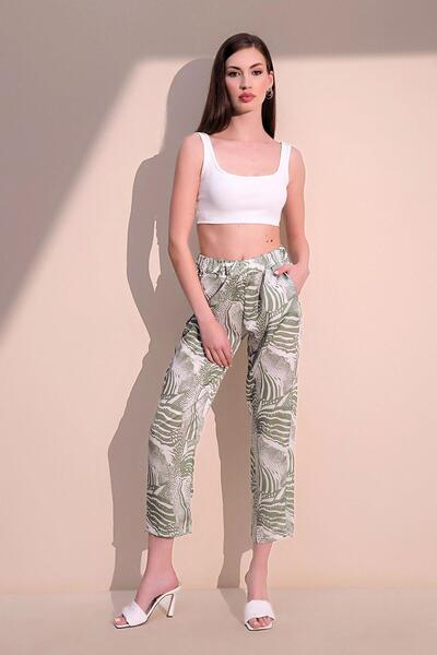 NEW LAVİVA Women's Khaki Comfortable Satin Elastic Waist Safari Pattern Trousers