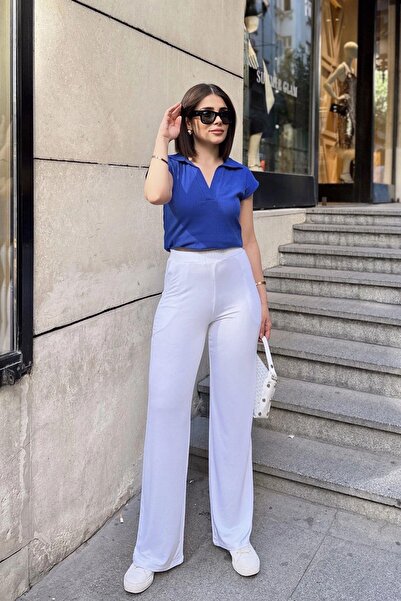 NEW LAVİVA White Spanish Loose Leg, Elastic Waist, Soft Texture Fabric, Loose & Comfortable Fit/Cut, Pants