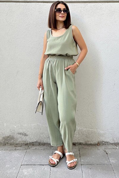 NEW LAVİVA Khaki Imported Muslin Fabric, Elastic Waist, Pocket Comfortable Fit Trousers - Suitable for Hijab