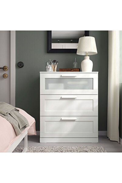 IKEA 3 Çekmeceli Şifonyer, Beyaz, Genişlik: 78 cm  Derinlik: 46 cm  Yükseklik: 95 cm