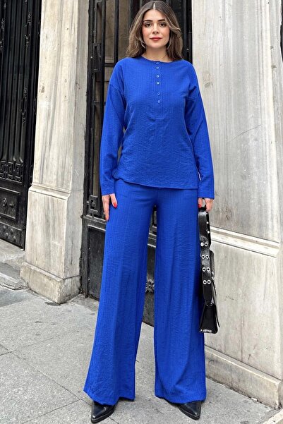 NEW LAVİVA Saks Colorful Round Neck Blouse and Elastic Waist Trousers - Loose Maya Set