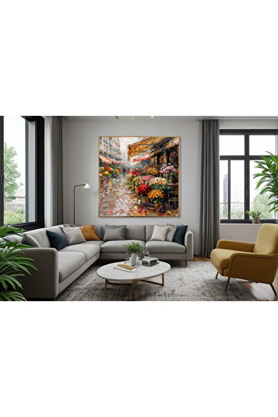 Tablosan Yağlı Boya Dokulu Tablo Sokakta Çiçekçiler Altın Çerçeveli
